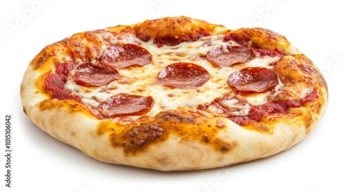 Isolated mini pizza with pepperoni and cheese on a white background, highlighting its tasty appeal for food-related content