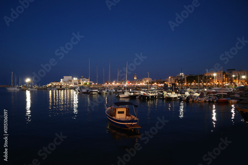 View of Old Port in night time in Bari, Apulia, Italy