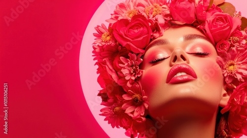 Woman with Floral Headdress in a Vibrant Red Light