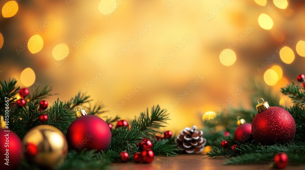 Obraz premium Christmas decoration background, Red baubles decorated and fir branch with Christmas bokeh lights background, Christmas card, generative ai
