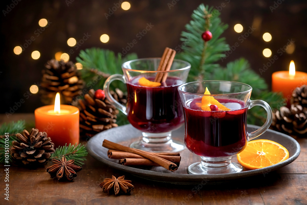 Fototapeta premium hot mulled wine on a decorative table with orange slices, star anise and cinnamon stick