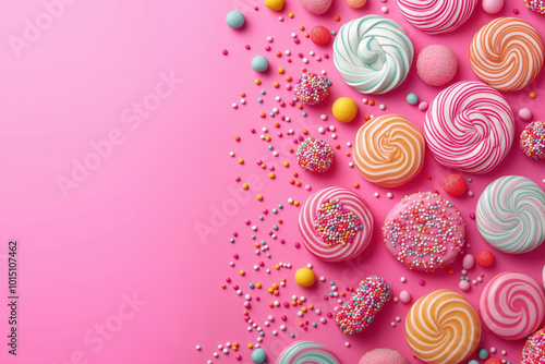 Colorful Pink Candy and Sweets: Sugary Desserts with Sprinkles and Confectionery Treats photo