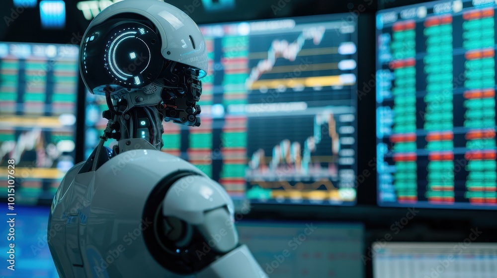 A humanoid robot observing financial data on screens A humanoid robot observing financial data on screens