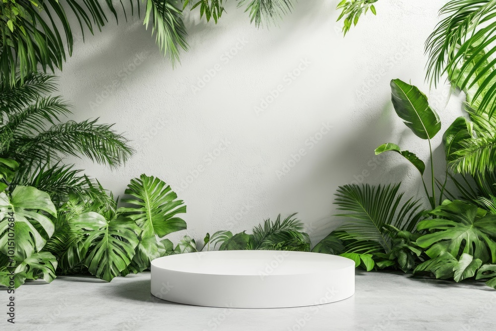 Tropical White Pedestal for Product Presentation in Lush Green Forest Setting Tropical White Pedestal for Product Presentation in Lush Green Forest Setting