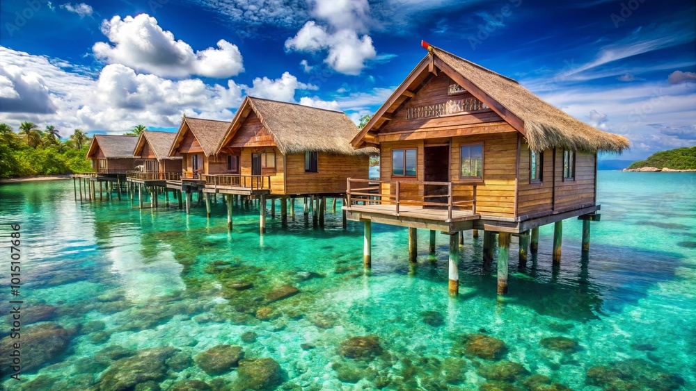 Serene Floating Houses Over Crystal Clear Water Serene Floating Houses Over Crystal Clear Water