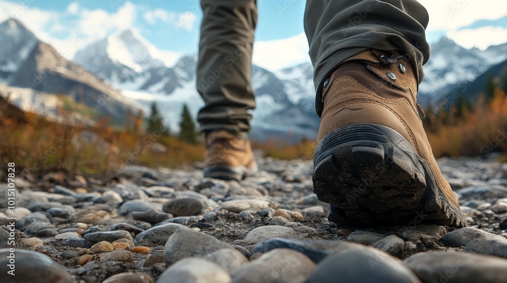 A close-up of hiking boots stepping on a rocky path, with a scenic view of mountains in the background. A close-up of hiking boots stepping on a rocky path, with a scenic view of mountains in the background.
