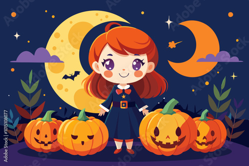 Halloween girl with pumpkin and lantern 