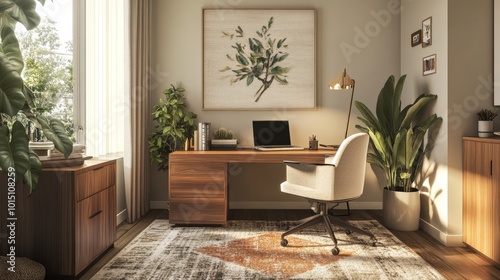 A cozy home office corner with a soft rug  an ergonomic chair  a laptop  and decorative wall art for inspiration.