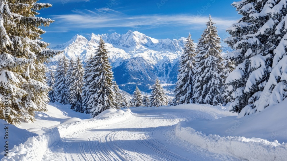 Serene winter road winding through snow-covered trees, with a majestic backdrop of the Alps under a crisp, blue sky Serene winter road winding through snow-covered trees, with a majestic backdrop of the Alps under a crisp, blue sky