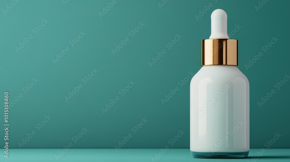 Elegant White Serum Bottle with Gold Cap on Teal Background Elegant White Serum Bottle with Gold Cap on Teal Background