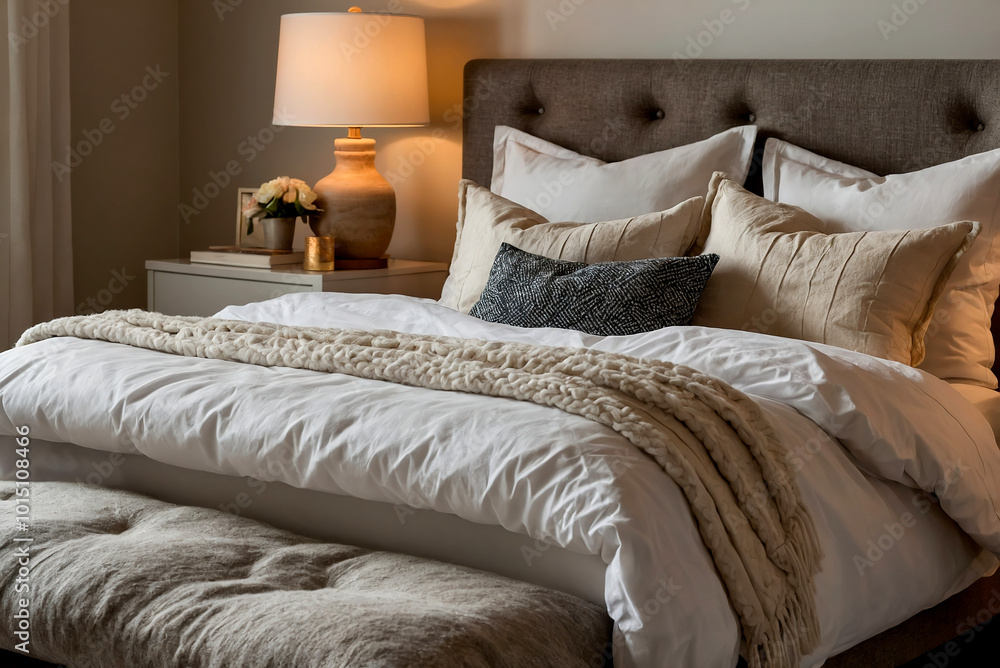 cosy, modern bedroom with stylish bed linen in soft colors. cosy, modern bedroom with stylish bed linen in soft colors.