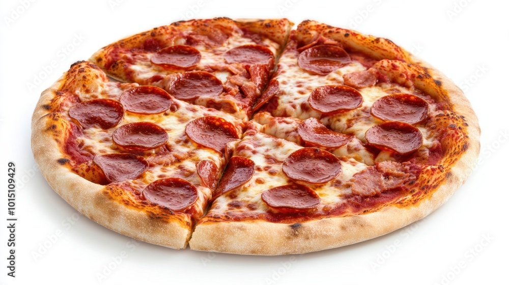 Top view of a mini pepperoni pizza with gooey cheese, isolated on a white background, showcasing its delicious toppings and inviting appearance Top view of a mini pepperoni pizza with gooey cheese, isolated on a white background, showcasing its delicious toppings and inviting appearance
