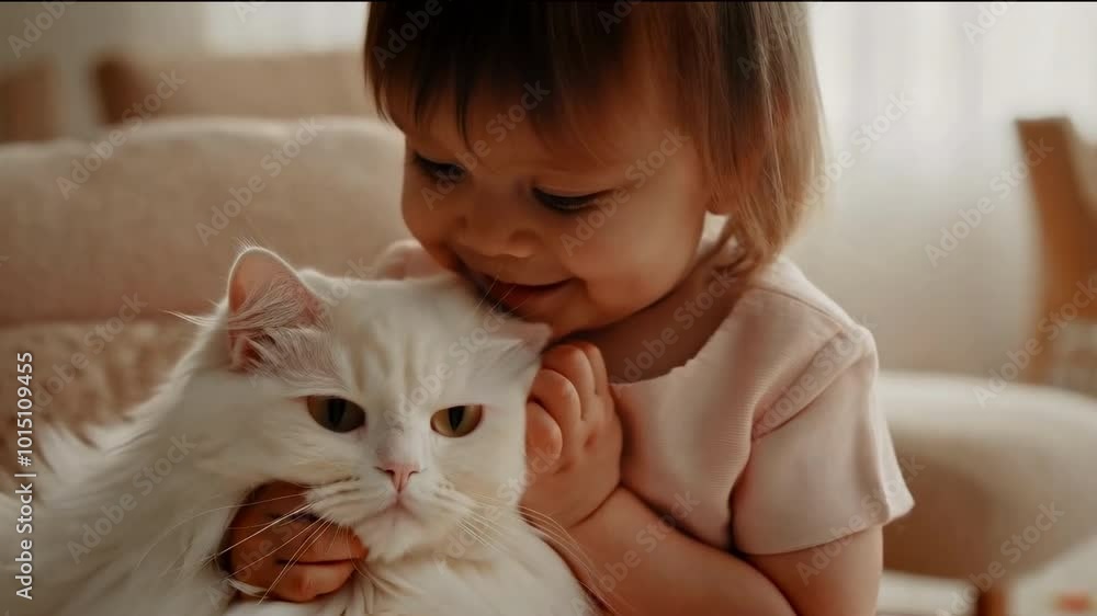 A small child gently caressing and embracing red fluffy cat. Lovely pet. The concept of caring for a pet and children's love for animals A small child gently caressing and embracing red fluffy cat. Lovely pet. The concept of caring for a pet and children's love for animals