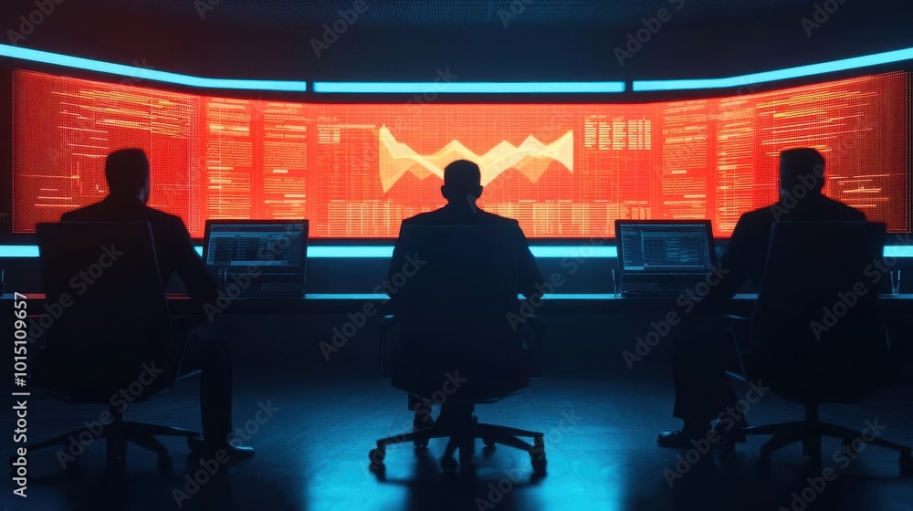 Leaders in a high-tech office discussing agenda and strategy, glowing digital charts on large monitors, sleek environment, photorealistic wide panoramic view Leaders in a high-tech office discussing agenda and strategy, glowing digital charts on large monitors, sleek environment, photorealistic wide panoramic view