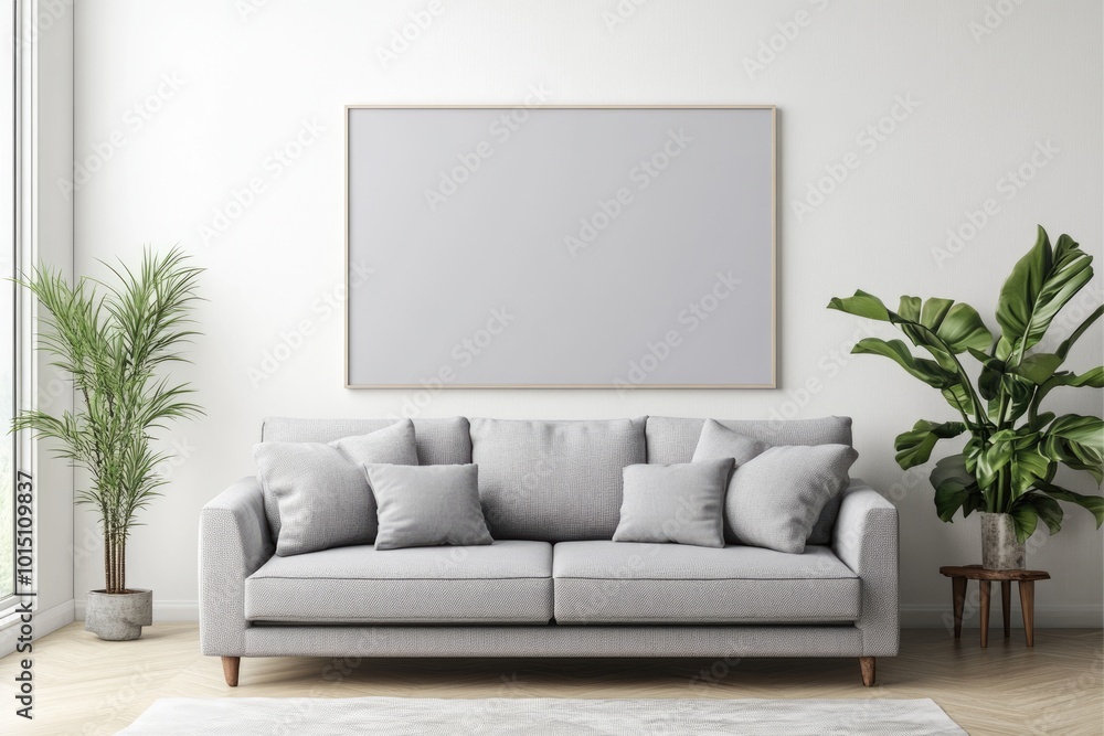 Contemporary Living Space with Empty Canvas Poster in City Center View Contemporary Living Space with Empty Canvas Poster in City Center View
