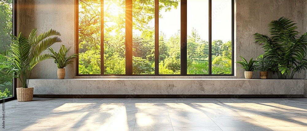 Minimalist interior design with a large window overlooking a green forest. Minimalist interior design with a large window overlooking a green forest.