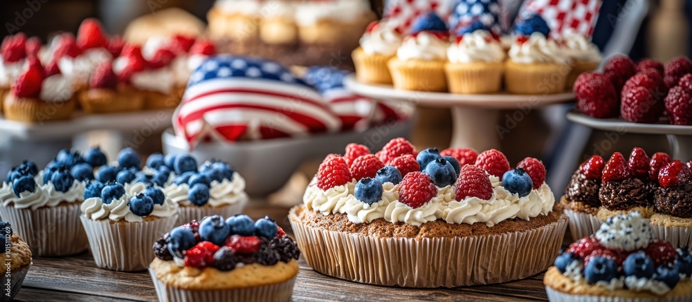 A variety of cupcakes and cakes decorated with blueberries and raspberries, with an American flag in the background. A variety of cupcakes and cakes decorated with blueberries and raspberries, with an American flag in the background.