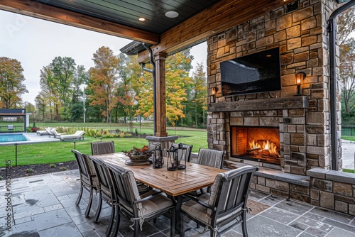 Outdoor covered patio with stone fireplace, dining table, chairs, built-in kitchenette, green grass, overcast daylight