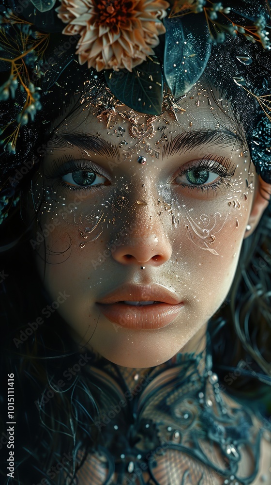 Enchanted Portrait: Woman with Floral Crown and Glittering Makeup Enchanted Portrait: Woman with Floral Crown and Glittering Makeup