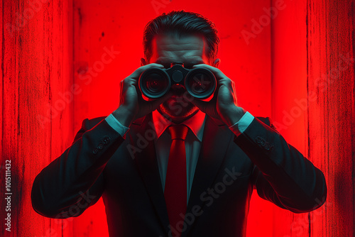 Curious spy agent looking through binoculars in hands. Surveillance. Secret agent.