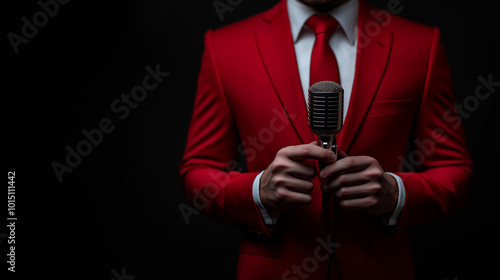 Man a showman holds in hands a microphone on a dark background close up.