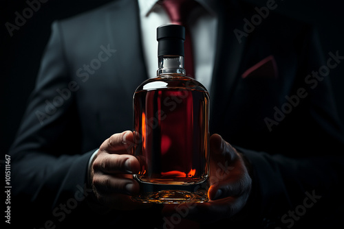 Bottle of cognac in male hands close up background. Rich strong alcohol concept background.