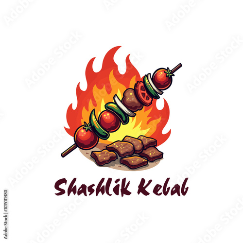 Shashlik Kebab vector logo template. Kebab or shashlik with fire flame isolated on white background. Vector illustration. Kabab, kebab restaurant logo