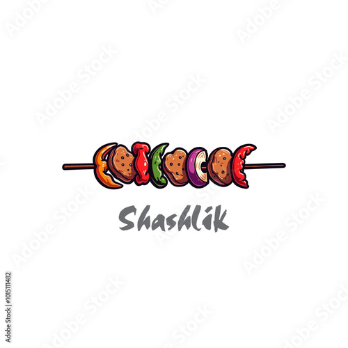Shashlik vector logo template. Kebab or shashlik with fire flame isolated on white background. Vector illustration. Kabab, kebab restaurant logo