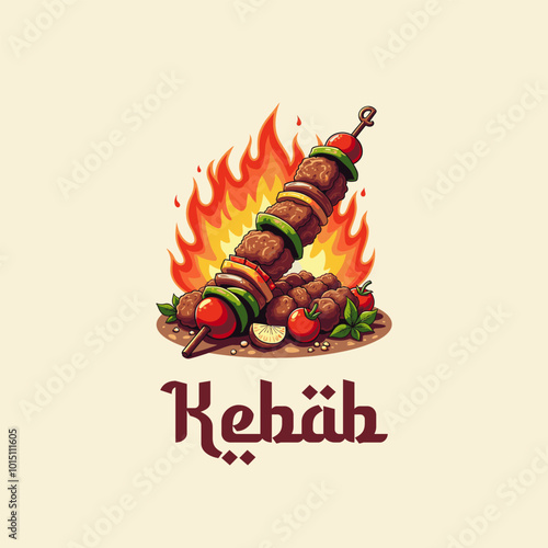 Kebab vector logo template. Kebab or shashlik with fire flame isolated on white background. Vector illustration. Kabab, kebab restaurant logo