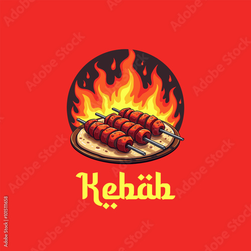 Kebab vector logo template. Kebab or shashlik with fire flame isolated on red background. Vector illustration. Kabab, kebab restaurant logo