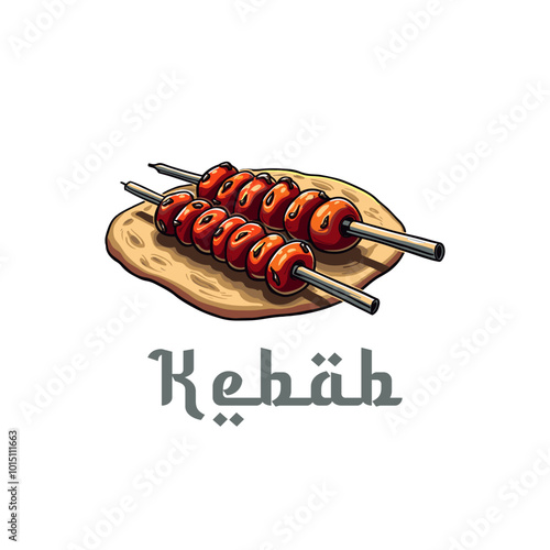 Kebab vector logo template. Kebab or shashlik with fire flame isolated on white background. Vector illustration. Kabab, kebab restaurant logo