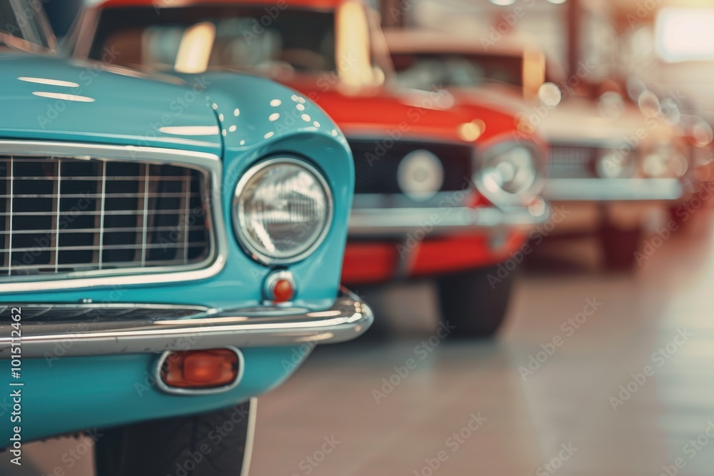 Close-up view of a row of colorful vintage cars, focusing on the front grille and headlight, highlighting classic automotive design and retro style. Close-up view of a row of colorful vintage cars, focusing on the front grille and headlight, highlighting classic automotive design and retro style.