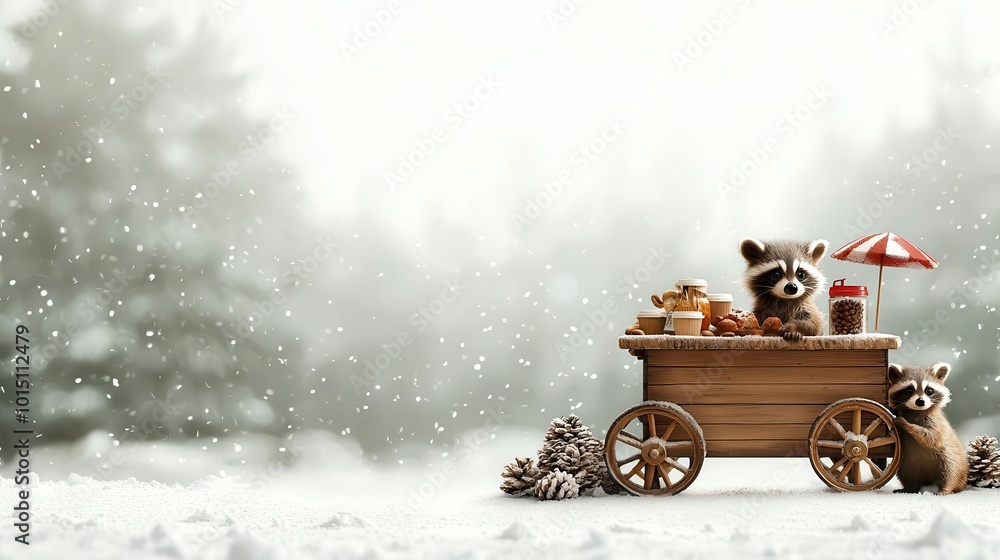 Obraz premium Raccoon selling coffee from a wooden cart in a snowy clearing, forest animals gathered, festive and warm winter setting