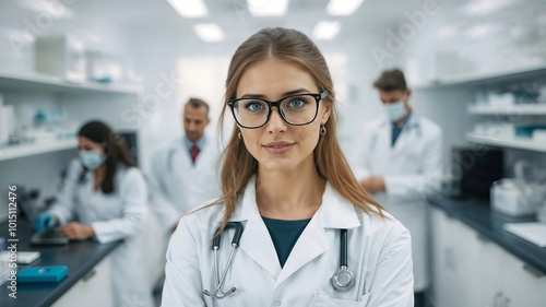 A young woman wearing a white lab coat and glasses, standing in a clinical setting with a blurred background, possibly a doctor or scientist.