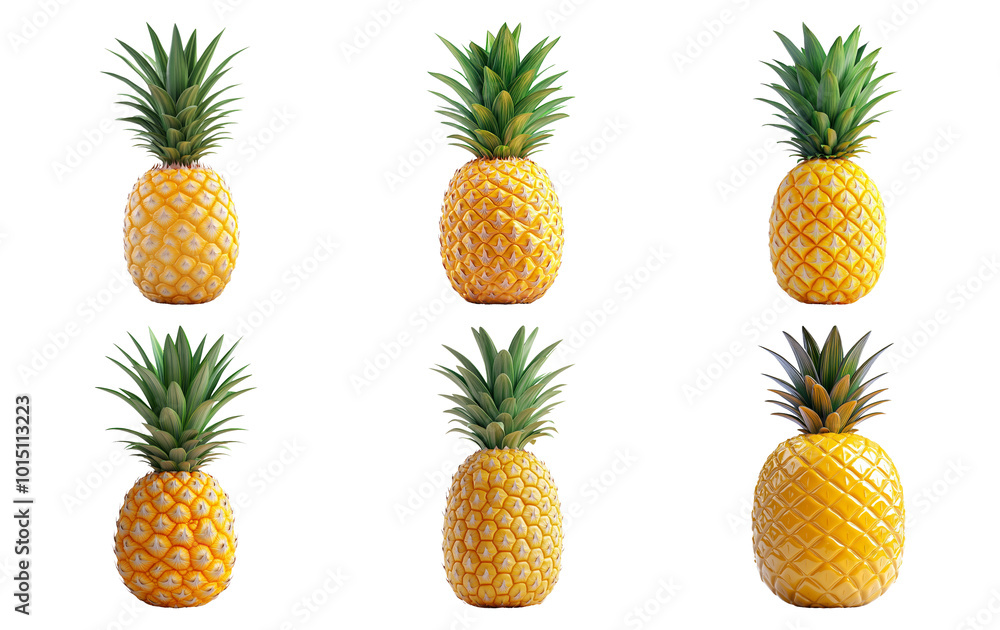 Set of ripe pineapples whole and halved isolated on transparent background Set of ripe pineapples whole and halved isolated on transparent background