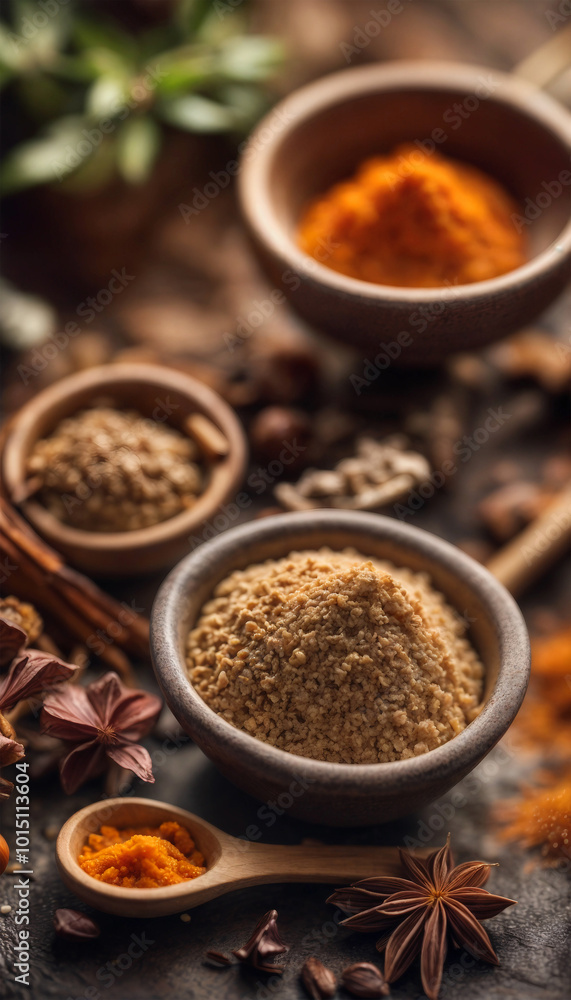 Colorful variety of spices are neatly laid out on the table Colorful variety of spices are neatly laid out on the table