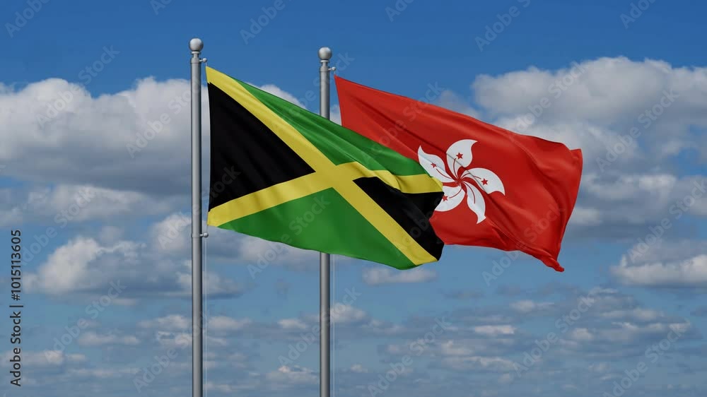 Hong Kong and Jamaica flags flying together, video concept of the relationship, two country relations concept Hong Kong and Jamaica flags flying together, video concept of the relationship, two country relations concept
