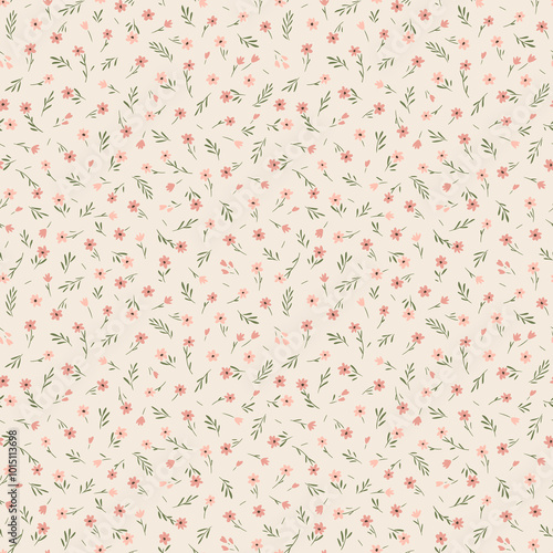 Cute floral pattern in the small flowers. Seamless vector texture. Gentle template for fashion prints. Printing with small coral pink chamomile flowers. Light ivory background. Stock print.