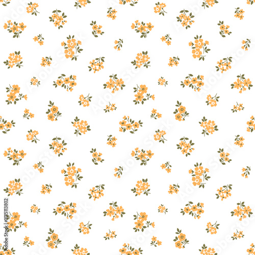 Cute floral pattern in small flowers. Small yellow flowers. White background. Ditsy print. Floral seamless background. Liberty template for fashion prints. Stock pattern.