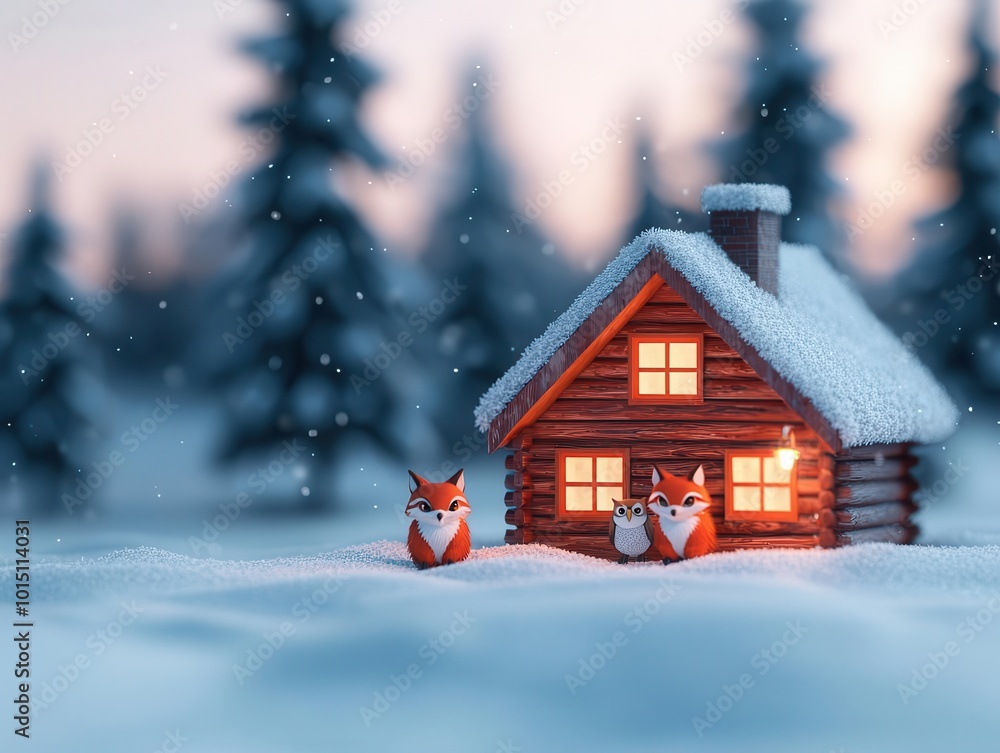 Fox and owl baristas in a cozy log cabin, snow outside, warm lights inside, magical and charming winter night Fox and owl baristas in a cozy log cabin, snow outside, warm lights inside, magical and charming winter night