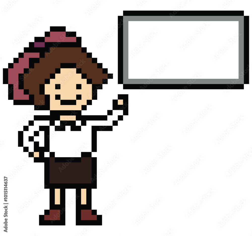 Obraz premium Cartoon cute pixel cartoon 8bit character business woman office smart work game for decoration business 8 bit female lady career smart character game png vector.