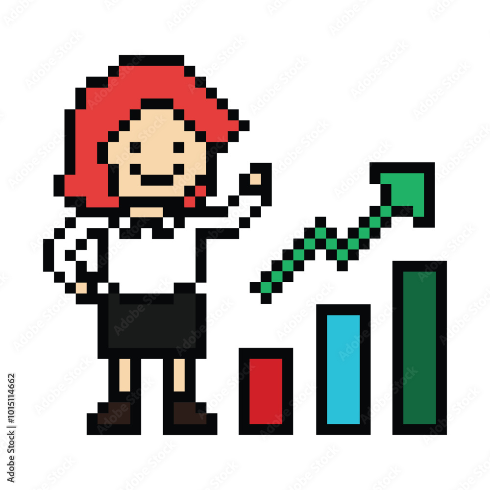 Fototapeta premium Cartoon cute pixel cartoon 8bit character business woman office smart work game for decoration business 8 bit female lady career smart character game png vector.