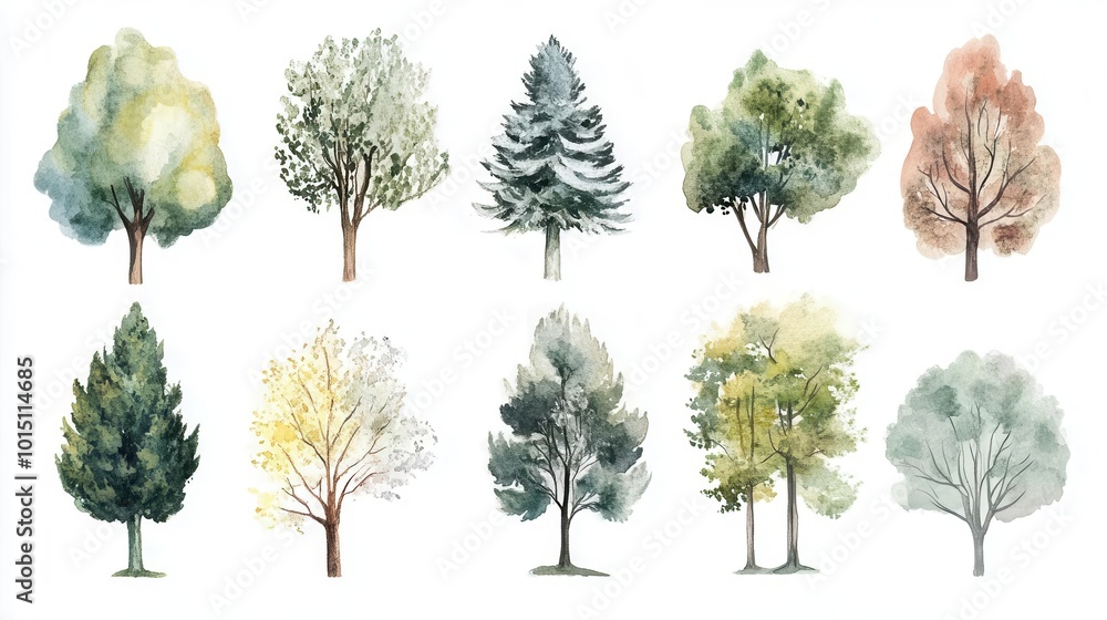 Fototapeta premium whimsical watercolor forest collection of hand-painted trees in various styles, from realistic to abstract, arranged in a dreamy composition with soft color washes