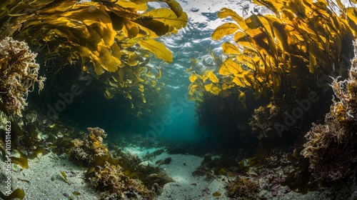 A surreal underwater forest of giant kelp reaching towards the sunlight above, sea vegetation grows photo