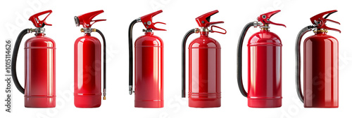 Collection of fire extinguishers front view isolated on transparent background