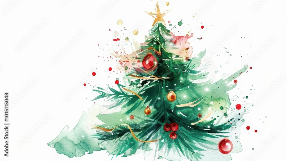 whimsical watercolor rendition of a traditional christmas tree. loose, flowing brushstrokes in festive greens and reds, with touches of gold for ornaments and star. whimsical watercolor rendition of a traditional christmas tree. loose, flowing brushstrokes in festive greens and reds, with touches of gold for ornaments and star.