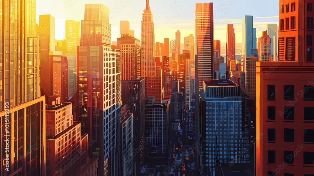 New York Skyscrapers in an animated style, 2D, Cityscape, Skyscraper level, light motion blur, golden hour, cinematic side lighting, v6 New York Skyscrapers in an animated style, 2D, Cityscape, Skyscraper level, light motion blur, golden hour, cinematic side lighting, v6