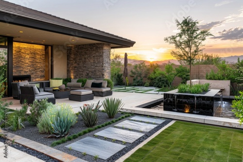 Luxury home backyard garden with lush grass, comfortable seating, decorative plants, small fountain, minimalist design, symmetrical composition at sunset in Arizona