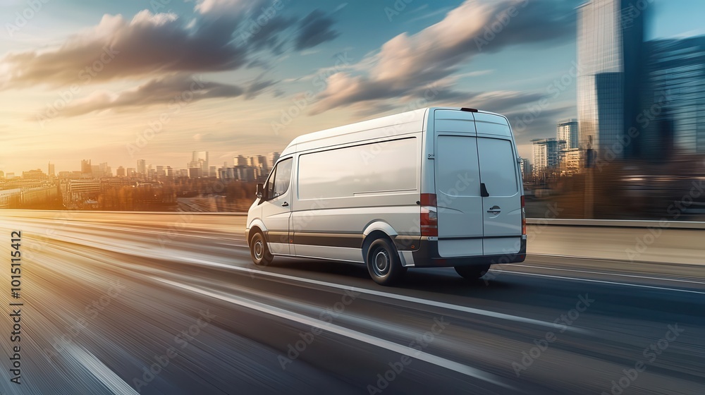 white modern cargo van speeding on motorway to city for express delivery service, business logistics and distribution, digital illustration white modern cargo van speeding on motorway to city for express delivery service, business logistics and distribution, digital illustration