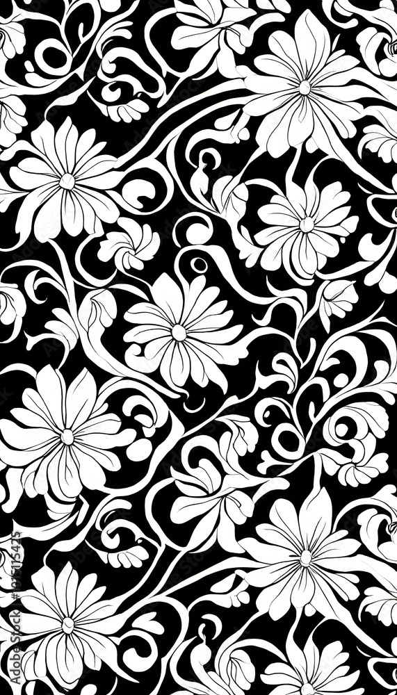 Black and white floral pattern with intricate swirls and leaves. Black and white floral pattern with intricate swirls and leaves.
